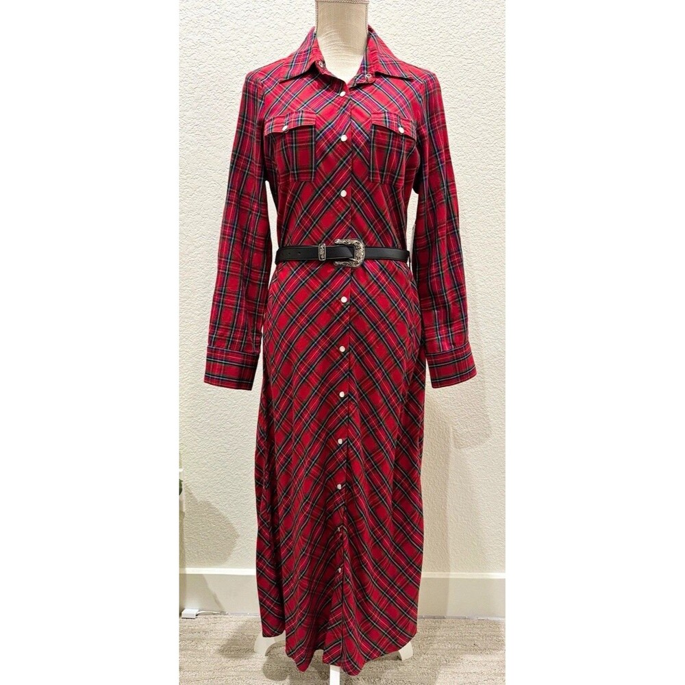 REBA Women’s Red Plaid Cotton Woven Button-Front Collared Belted Maxi Dress.  L